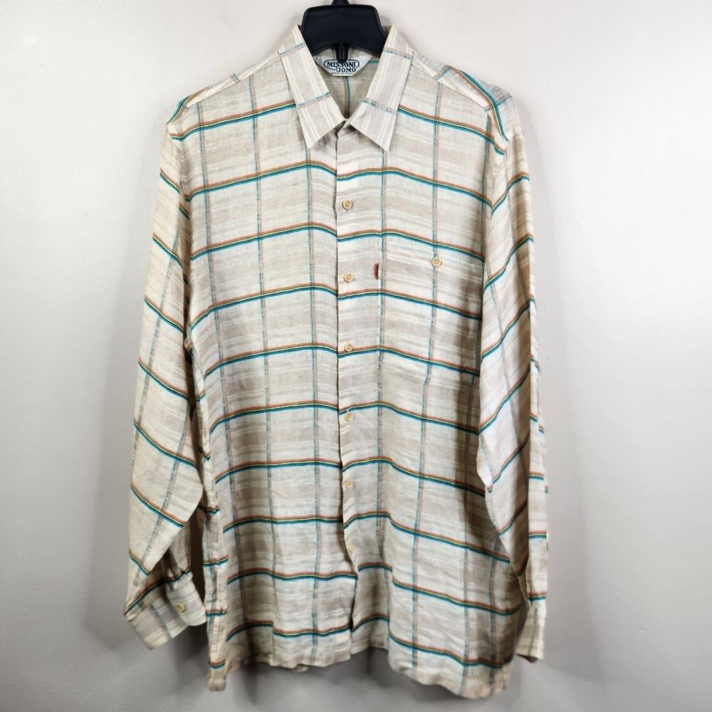Missoni Uomo Vintage LS Windowpane Print 100% Linen Button Down Shirt Medium